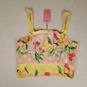 NWT ROSE OLIVE RESORT Fruit Cherry Lemon Smocked Crop Top Tank Yellow Pink S‎